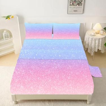 Imagem de kxry Jogo de lençol solteiro de galáxia rosa gradiente com glitter, para crianças, meninas, mulheres, arco-íris, tie dye, ombré, com glitter, 1 lençol com elástico + 1 lençol de cima + 1 fronha