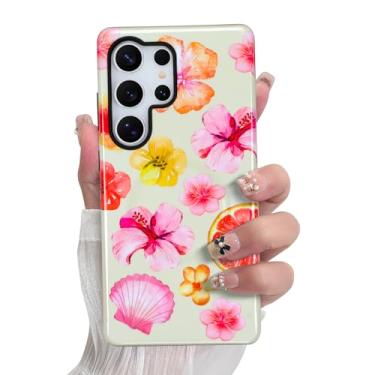 Imagem de SOKAD Capa de telefone magnética de hibisco concha para Samsung Galaxy S25 Ultra, linda estampa floral de verão compatível com Magsafe capa protetora brilhante com protetor de tela para meninas e
