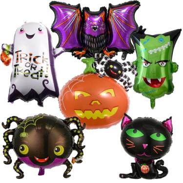 Imagem de Large Halloween Foil Balloons Kit, Pack of 6 XXL Ghost Cat Spider Pumpkin Bat Green Monster Head Mylar Happy Halloween Decor Balloon Set for Kids Horror Theme Trick or Treat Party Decorations Supplies