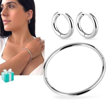 Imagem de Brinco Argola Bracelete Feminino Aço inox 316l Dourado Prata - Santo E