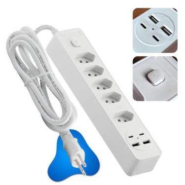 Imagem de Extensão Elétrica 4 Tomadas 2 USB 2 TipoC Cabo 2 Metros Bivolt com Bot