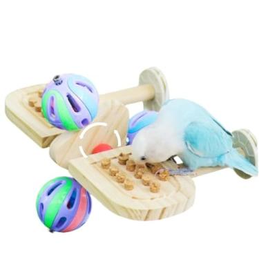 Imagem de Brinquedo giratório de 360° para poleiro de pássaro de madeira natural, roda de exercício interativa, brinquedos de poleiro de papagaio, poleiro giratório com bolas de sino e rolhas de mastigar para