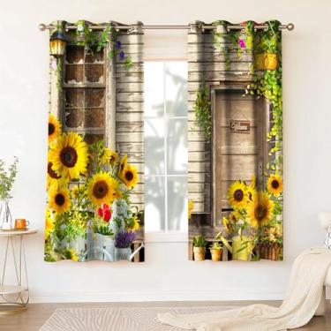 Imagem de HIYSMT Cortinas de girassol para porta de celeiro antigo, cortina blackout marrom rústica com flores de fazenda, 10,870 cm, cortinas florais para quarto, sala de estar, cozinha, decoração, 2 painéis