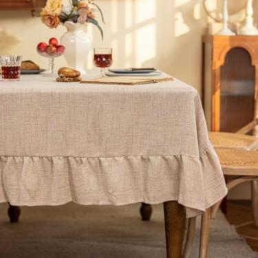 Imagem de F-CHU Toalha de mesa Boho com babados, algodão, linho, vintage, babados, acabamento lavável, toalha de mesa para mesa retangular, cozinha, festa, casamento, decoração de casamento, café leve 178 x 300
