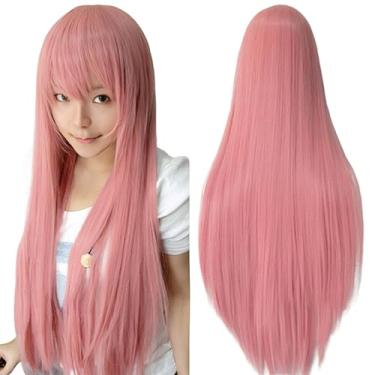 Imagem de IMISSU Perucas de cosplay de cabelo natural longo e reto com franja colorida fantasia de Halloween peruca de festa para menina (Pink)