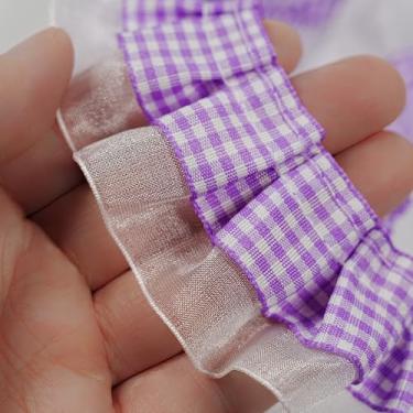 Imagem de Acabamento de 2 camadas com babados guingão de 2 metros, acabamento de tecido de fita de renda guingão para costura, artesanato, cortina de vestido, decoração de fronha de fantasia de casamento (Roxo)