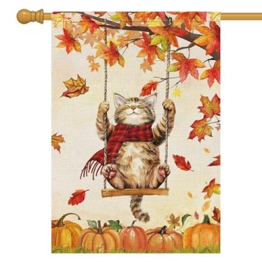 Imagem de Louise Maelys Feliz outono abóbora casa bandeira com gato dupla face 71 x 101 cm grande estopa outono colheita jardim quintal bandeiras ação de graças exterior casa quintal decoração (apenas bandeira)