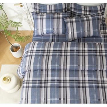 Imagem de SDY Jogo de edredom solteiro, azul marinho e liso, xadrez com edredom, lençol de cima, lençol com elástico, fronhas e fronhas, lençol de microfibra macia para crianças
