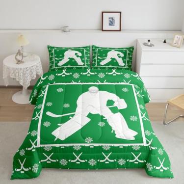 Imagem de Erosebridal Jogo de cama solteiro para meninos e homens, conjunto de edredom de hóquei no gelo, jogo esportivo, edredom de inverno verde e branco com floco de neve, edredom reversível com bastões de