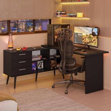 Imagem de Escrivaninha Em L Mesa Para Computador Gamer 3 Gavetas Preto Lisboa Madesa