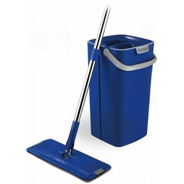 Imagem de Rodo Flap Mop 12 Litros Profissional com Balde Divisor Lava e Seca Limpeza, Esfregão Cabo Ajustável Giratório 360°, Microfibra. Pisos, Cerâmica Porcelanato (Azul Marinho)