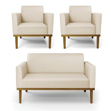 Imagem de Sofá Namoradeira com 2 Poltronas Base de Madeira Fixa Castanho Marisa Corino Bege  D03 - D'Rossi