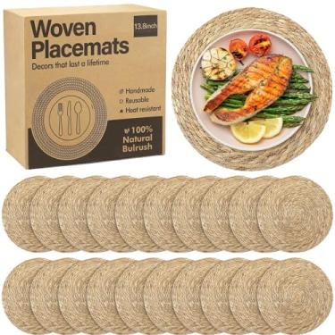 Imagem de Elcoho 20 peças de jogo americano de tecido redondo de 33,8 cm Boho Rattan Placemats de fazenda trançados, carregadores, tapetes de mesa de vime rústico para mesa de jantar
