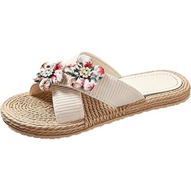 Imagem de Chinelos para idosos senhoras, flores planas e florais, Bege, 5.5