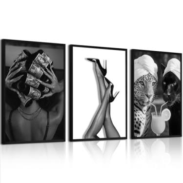 Imagem de Youillne Arte de parede de leopardo preto e branco na moda decoração de parede em tela de guepardo moda pôster de coquetel imagens de chita estampas elegantes pintura de salto para banheiro, quarto