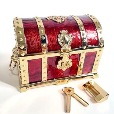Imagem de KiteStar Grande baú de joias de metal retrô de camada dupla, estilo pirata, caixa de tesouro em relevo de cabeça de leão com cadeado para armazenamento de joias femininas (vermelho escuro dourado