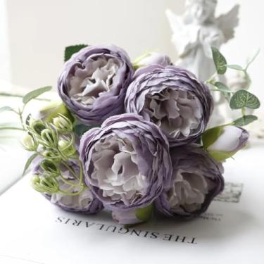 Imagem de Buquê de flores artificiais de seda rosa/30 cm, peônia, 5 cabeças grandes, 4 botões pequenos, decoração para casa e casamento, noiva(23)