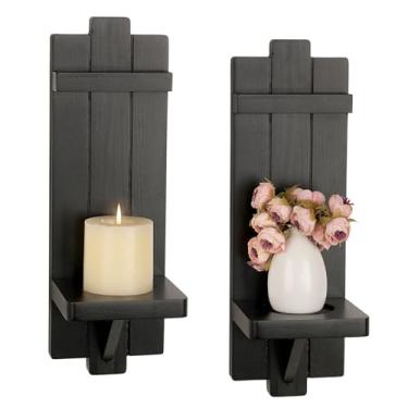 Imagem de OwnMy Conjunto de 2 castiçais de parede de madeira, castiçais pretos pendurados em pilar de casa de fazenda, arandelas de parede rústicas para pendurar castiçais para sala de estar, lareira, sala de