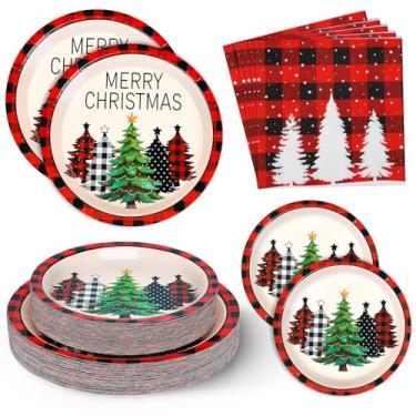Imagem de Conjunto de 200 peças de pratos e guardanapos de papel de Natal, pratos e guardanapos descartáveis de árvore de Natal xadrez de búfalo para suprimentos de festa de Natal de inverno