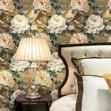 Imagem de iPaste Papel de parede de 44,5 cm x 203,2 cm, papel de parede floral, vintage, peônia, para quarto, armários de banheiro