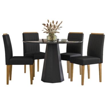 Imagem de Mesa De Jantar Isis 120x120 Cm Com Vidro Preto E 4 Cadeiras Ana Ype Veludo Preto - New Ceval