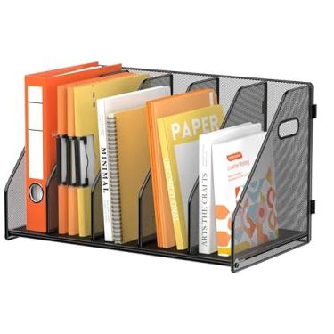 Imagem de SUPEASY Suporte de arquivo de revista para mesa, 5 compartimentos verticais, organizador de mesa de metal e suporte de fichário, porta-revistas para mesa de escritório, casa, escola (preto)