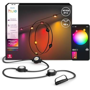 Imagem de Philips Hue Cordão de luzes Festavia permanentes para ambientes externos, 27,4 m, 48 luzes, 55 lúmens por luz, regulável, à prova de intempéries, resistente à água, fácil de instalar, ambiente branco