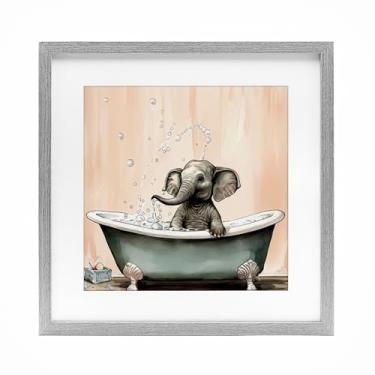 Imagem de Stupell Industries Baby Elephant Bubble Bath Impressão emoldurada cinza sob vidro, design por Sasha, 13 x 13