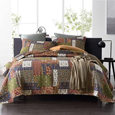 Imagem de ENASAL Colcha de algodão, conjunto de cama reversível, edredom, marrom, boêmio, estampa de patchwork, tamanho king