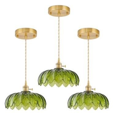 Imagem de GMTB Pacote com 3 luzes pendentes de vidro ilha de cozinha, luminárias pendentes de latão vintage, luminária pendente de cozinha verde ajustável sobre ilha para quarto, sala de estar, corredor, sala