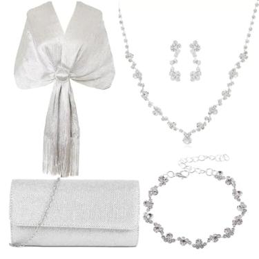 Imagem de SAISISAIKER Conjunto de acessórios para noivas de 4 peças, coleção de joias de cristal de prata com bolsa de mão, colar, brincos, roupa formal para noite de casamento