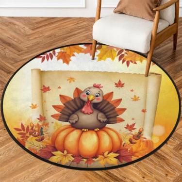 Imagem de Tapete redondo pequeno de 1,5 m de Ação de Graças Abóbora Peru Tapete de Área Círculo Macio Antiderrapante Lavável Tapete de Porta Circular para Quarto Interior Sala de Estar Quarto Infantil Cozinha