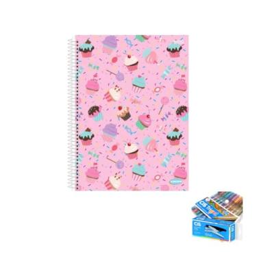 Imagem de Kit Caderno Feminino 10 Matérias Capa Dura 200 Folhas + Caneta Trigel Metálica + Grampeador Alicate