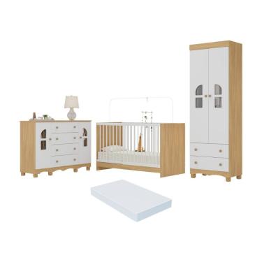 Imagem de Quarto De Bebê Completo Com Berço 3 Em 1 Colchão Incluso Aurora Multimóveis MP4580 Madeirado-branco