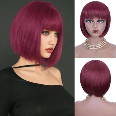 Imagem de Peruca reta curta bob vinho vermelho com franja para mulheres, peruca de cabelo sintético bob liso natural para meninas, cor vinho, fantasia, cosplay, festa, uso diário, 25,4 cm