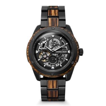 Imagem de Original Grain Whiskey Black Rugged Automatic 44 mm | Movimento automático, aço inoxidável 316L, pulseira de relógio ajustável | 10 ATM resistente à água e a arranhões | Madeira barril de uísque