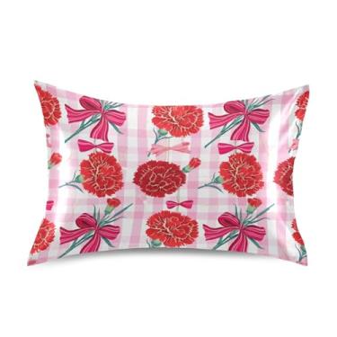 Imagem de Fronhas de cetim padrão king queen com cravos vermelhos floral rosa dia dos namorados cama refrescante cama saudável presentes king size 101,6 cm x 50,8 cm
