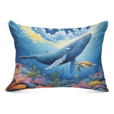 Imagem de Travesseiros de flanela grandes com estampa de baleia azul com zíper longo padrão queen king travesseiro fofo travesseiro para cama de sala de estar em casa, tamanho do corpo, 53 cm x 137 cm