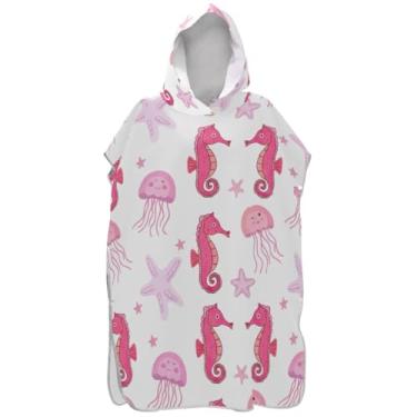 Imagem de Joisal Poncho de surfe para adultos trocador de roupas de banho de praia com capuz tamanho grande bonito cavalo marinho água-viva rosa homens mulheres poncho com capuz
