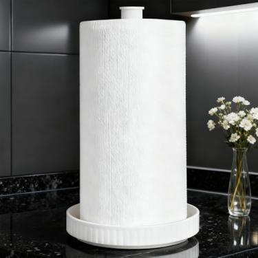 Imagem de VROOMIUM Suporte de toalha de papel, base de cerâmica resistente à água e óleo, serve para rolos de tamanho duplo e familiar, suporte de rolo de cozinha estável e fácil de limpar - branco chique