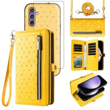 Imagem de Capa de celular para Samsung Galaxy S23 FE 5G Carteira com zíper destacável com protetor de tela de vidro temperado alça transversal Bling Flip porta-cartão de crédito S 23 EF S23FE 23S feminino