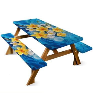 Imagem de ANNA QUEEN Conjunto de capa de mesa de piquenique de boneco de neve de Natal de 1,8 m com capas de banco, 3 peças, 183 x 76 cm, proteção de móveis para banco e toalha de mesa (flores amarelas - azul)