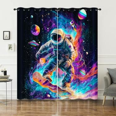 Imagem de AILONEN Cortina de janela infantil astronauta para quarto, surfe no espaço sideral astronauta foguete cortinas de tratamento de janela para meninos adolescentes, 2 painéis 106,7 cm L x 213,4 cm A