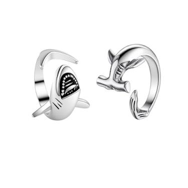 Imagem de Caiyao 2 peças de anéis de tubarão branco e tubarão martelo cobre oceano personalidade animal joia para mulheres e homens, Cobre, Sem pedra preciosa