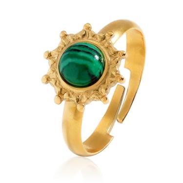 Imagem de TaYolnFaSo Anel de sol redondo de pedra natural para mulheres, ouro 18K, quartzo rosa, turquesa, azul, malaquita, presente de aniversário para mulheres, pedra preciosa, Malaquita