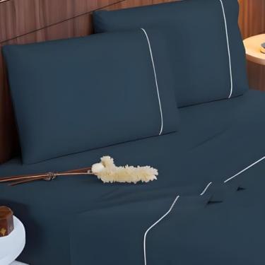Imagem de Jogo de Lençol Queen 4 Peças 400 Fios Micropercal Toque de Seda Lençol com Elástico Fronhas Ponto Palito(AZUL MARINHO)