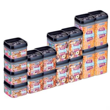 Imagem de Kit com 16 Potes Herméticos De Acrílico Para Mantimentos Tampa Com Trava Tamanhos Variados (Preto)