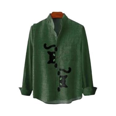 Imagem de Camisa De Linho Masculina Com Estampa Retrô De Gatinho, Manga Longa, P