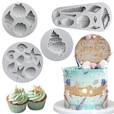 Imagem de Sakolla Moldes de fondant com tema marinho, 4 peças, concha de concha, estrela-do-mar, formas de silicone para decoração de bolos, sabonetes de chocolate, artesanato