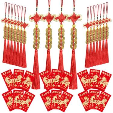 Imagem de CUUSNNY 18 peças de moedas da sorte de ano novo chinês, pingentes Feng Shui, nó chinês vermelho e envelope vermelho para riqueza, saúde, sucesso, borlas de ano novo lunar, decoração pendurada
